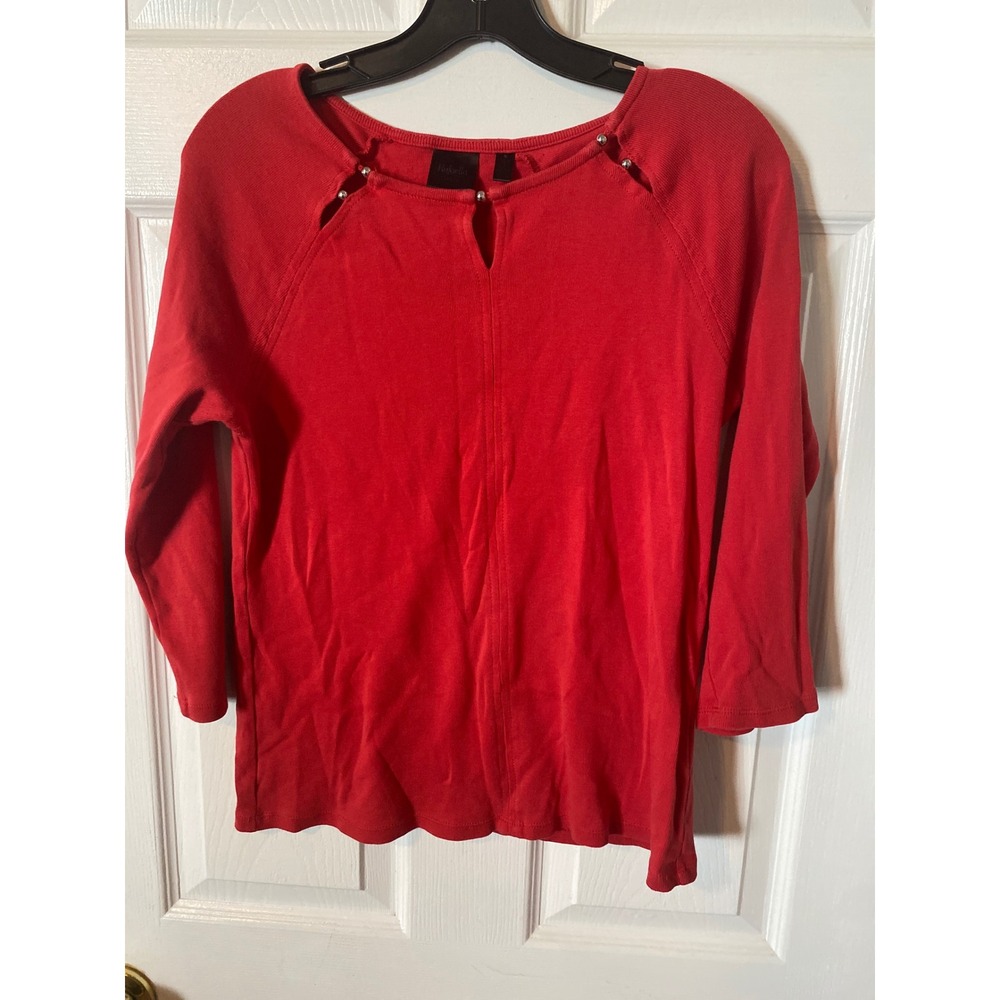 Rafaella Womens Red Ribbed Knit Top Keyhole Neck 3/4 Sleeve Silver Bead Detail S